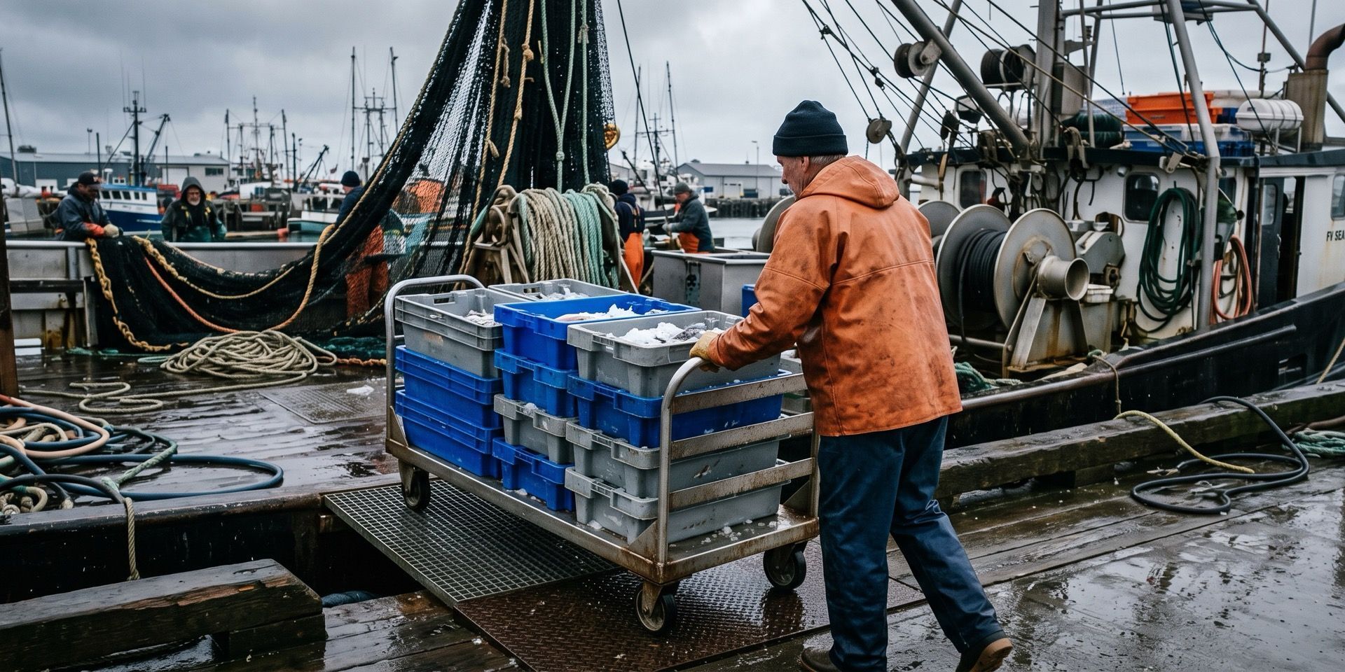 Wielen voor viskratkarren en verwerkingsapparatuur aan boord